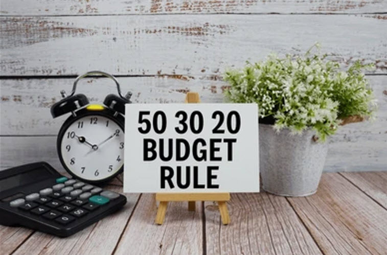 A calculator and alarm clock beside a small sign reading '50 30 20 Budget Rule.'