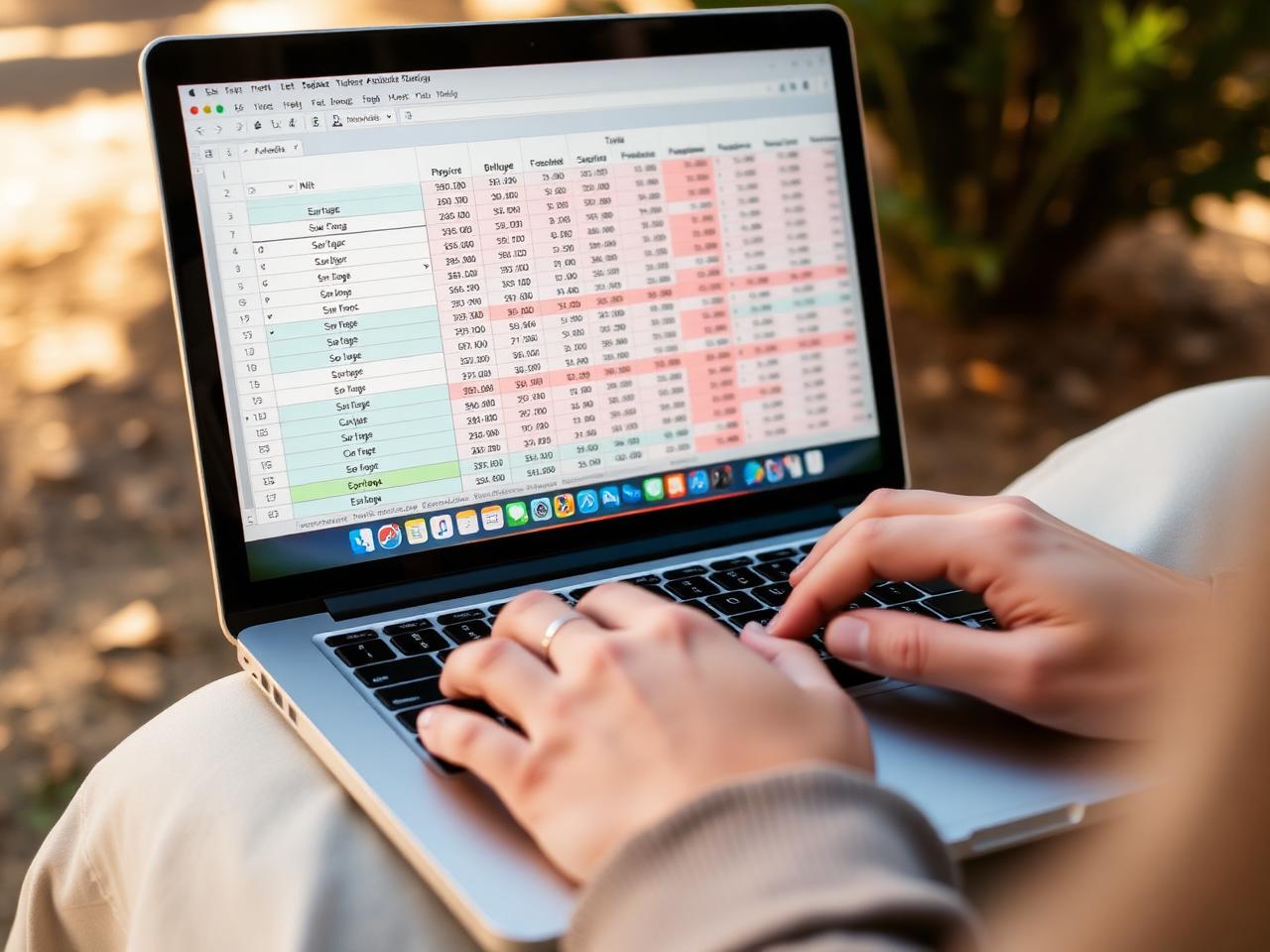 Hands typing on a laptop showing a spreadsheet.