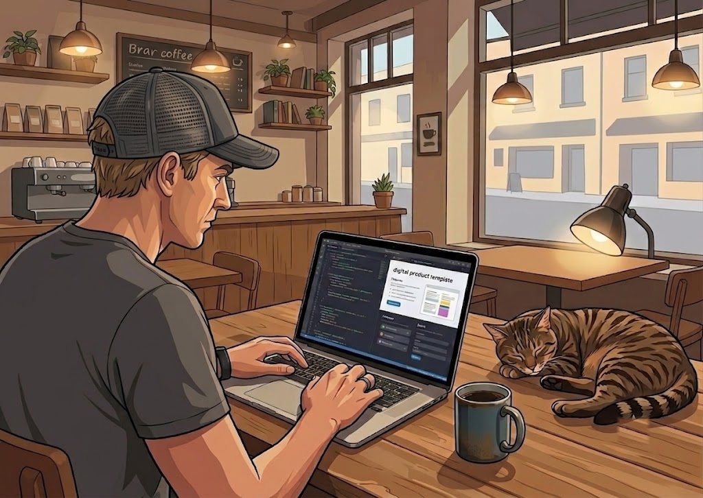 A man working on a laptop at a coffee shop table, with a cat sleeping beside him.